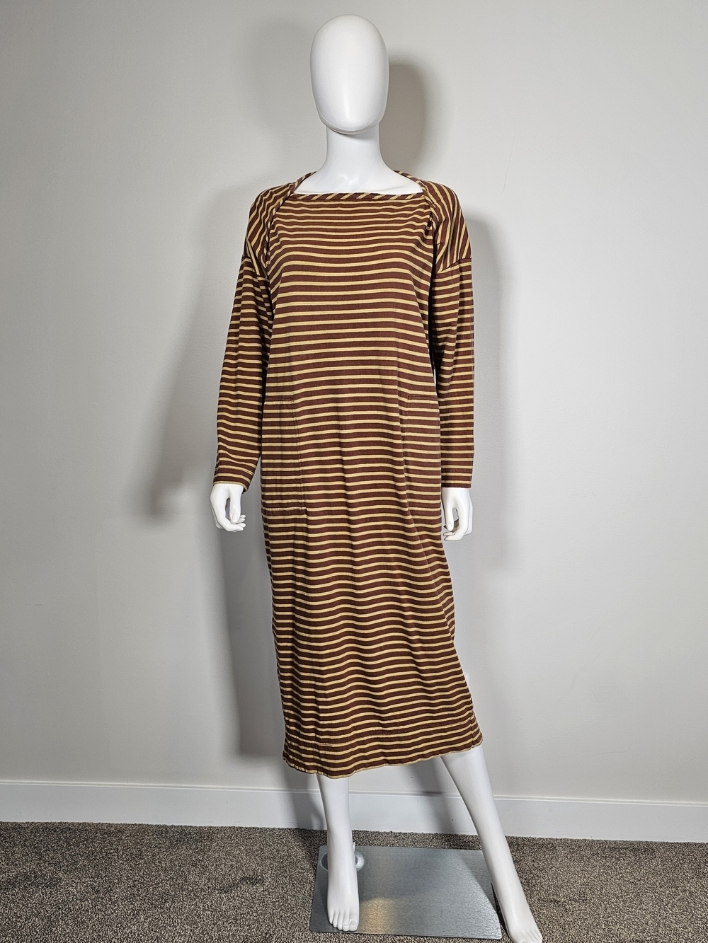 Free People Beach Brown Yellow Striped Long Sleeve Dress Sz S